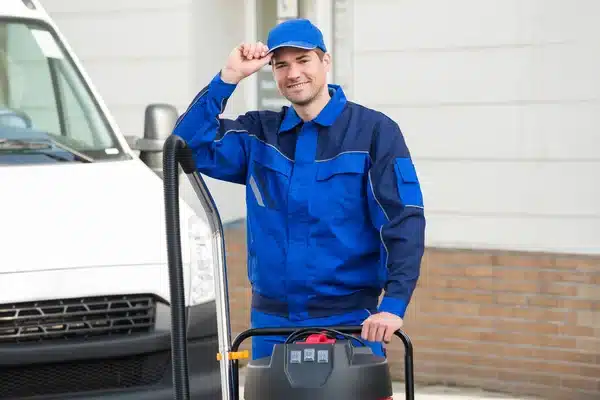 Técnico de Axis Servicios con equipo de limpieza industrial frente a vehículo de servicio