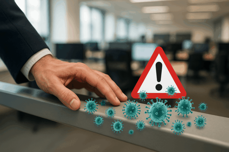 Mano tocando superficie contaminada en oficina con advertencia de virus