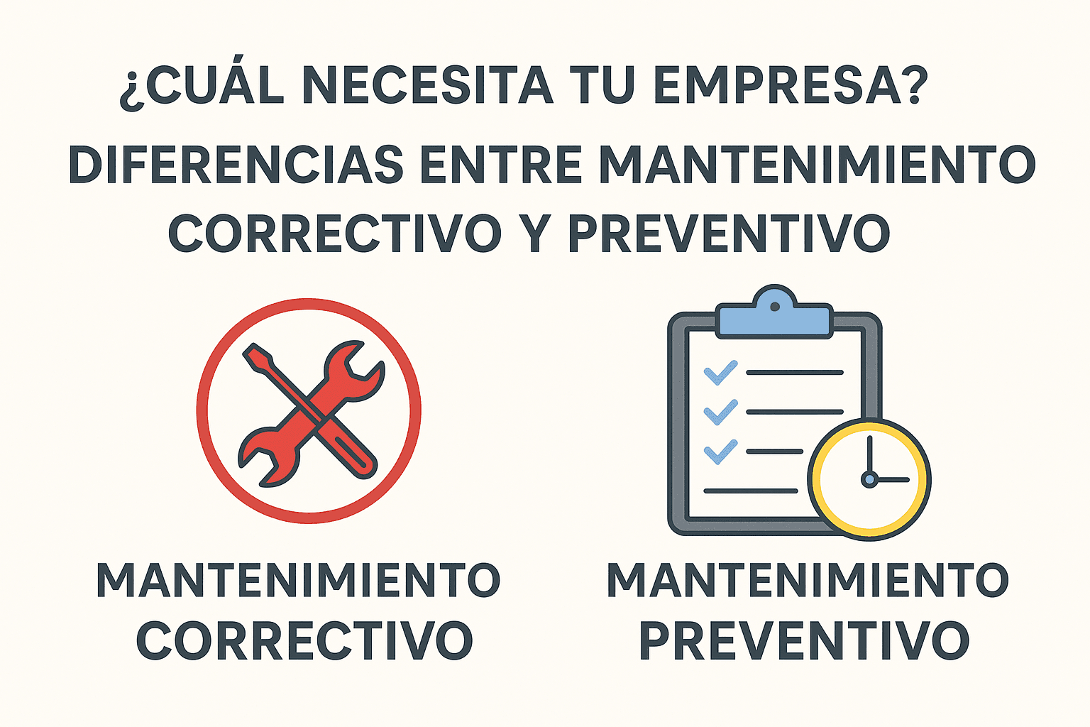 Diferencias entre mantenimiento correctivo y preventivo ilustradas con íconos para empresas