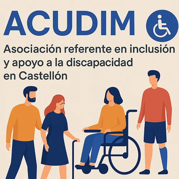 Ilustración colorida de ACUDIM, asociación de Castellón que apoya la inclusión de personas con discapacidad física y orgánica