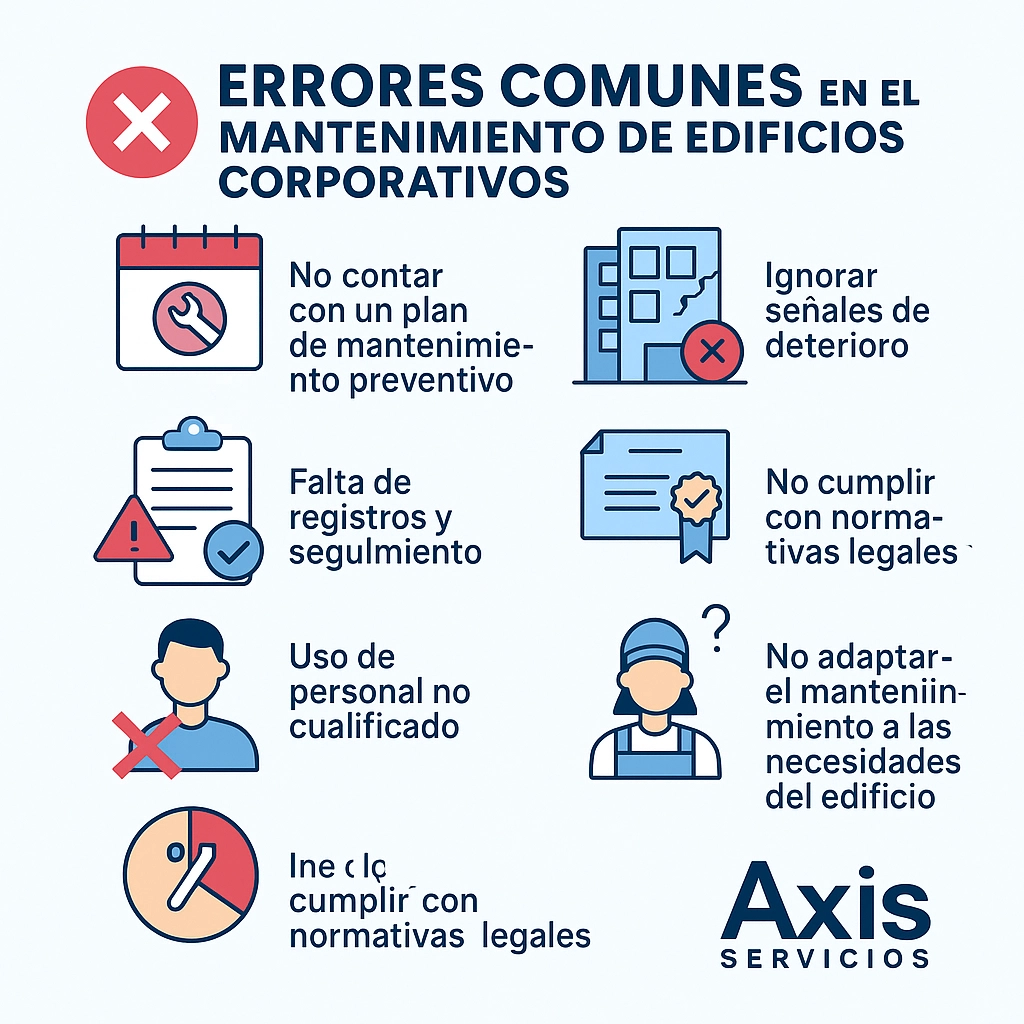 Errores comunes en el mantenimiento de edificios corporativos representados en gráfico ilustrado
