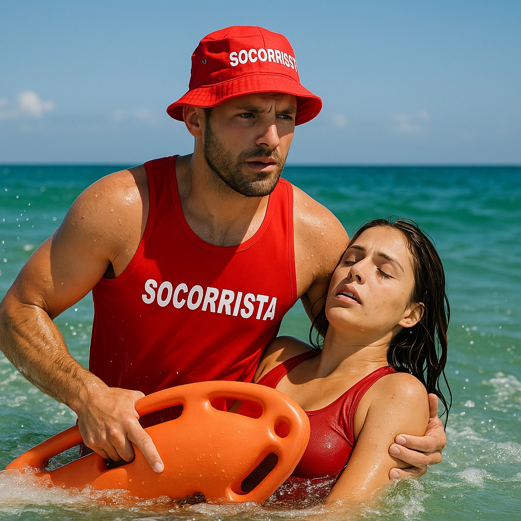 Socorrista rescatando a una bañista en la playa con flotador de salvamento