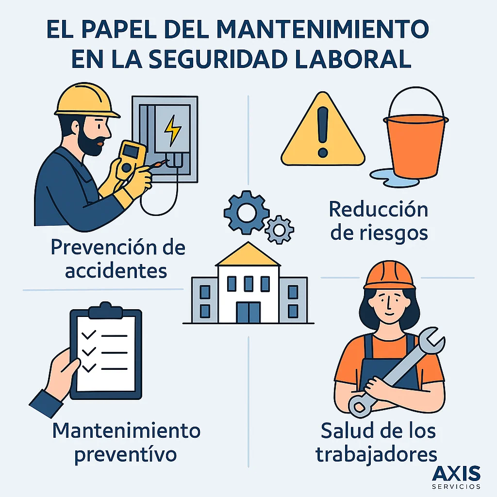 Infografía sobre el papel del mantenimiento en la seguridad laboral con ilustraciones de prevención, salud y reducción de riesgos